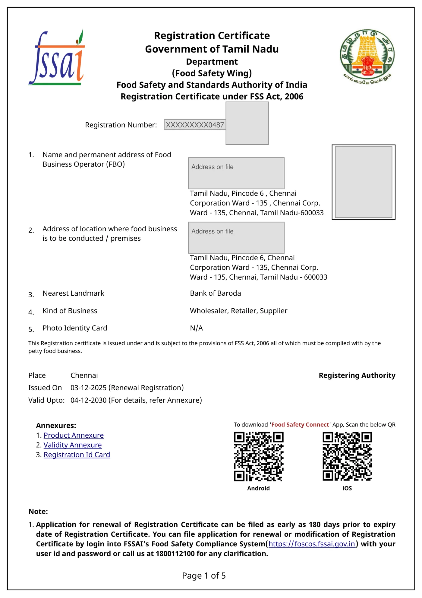 FSSAI Registration Certificate — Food Safety and Standards Authority of India, Govt. of Tamil Nadu